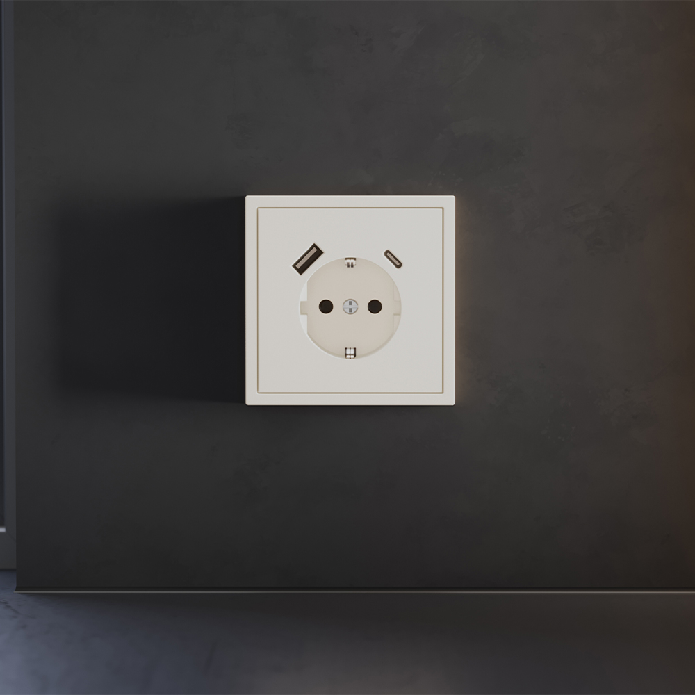 Розетка встраиваемая VOLTUM S70 с заземлением и защитными шторками, 16А, с USB, A+C, (хлопок) + накладка, без рамки фото