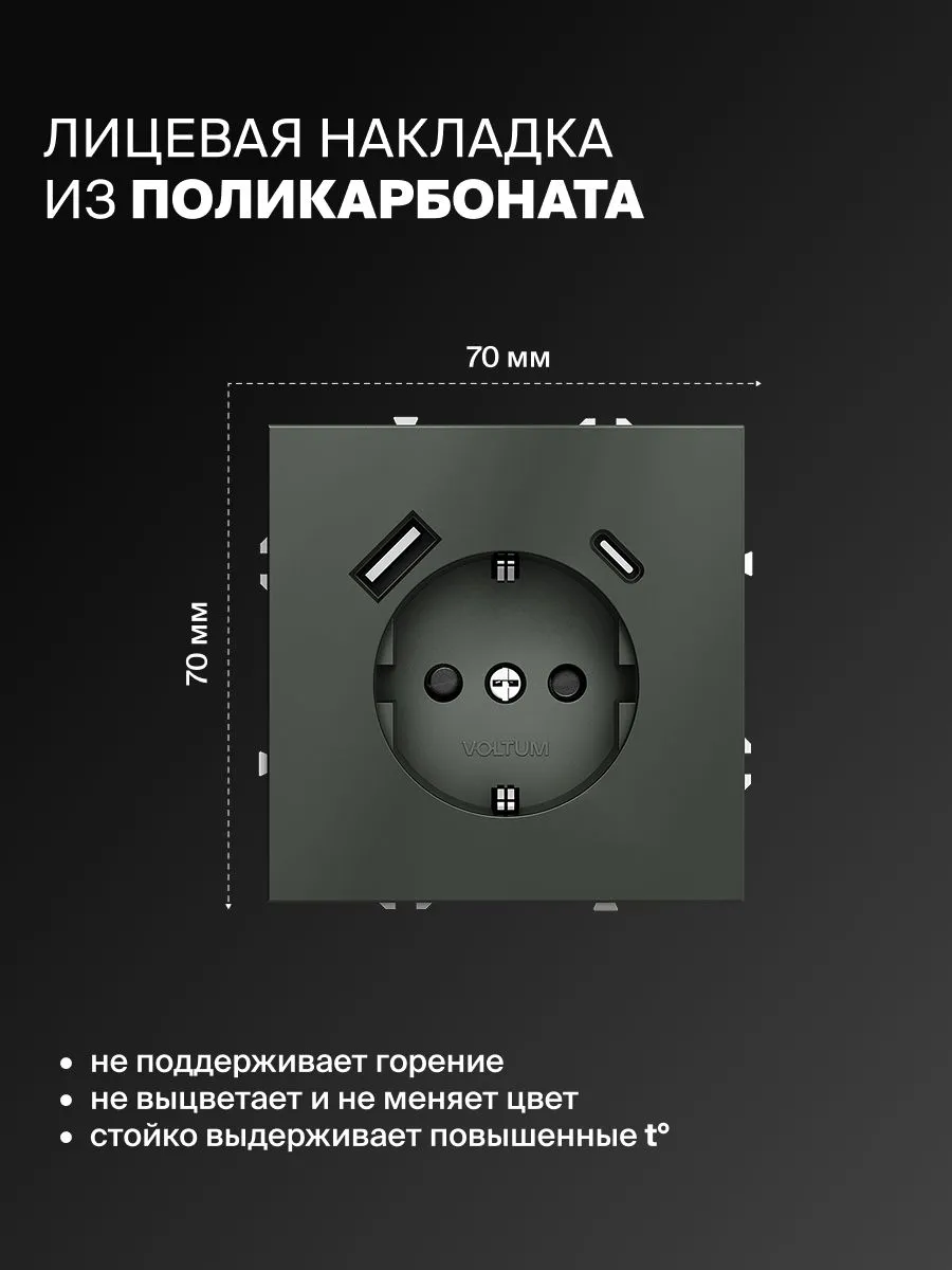Розетка встраиваемая VOLTUM S70 с заземлением и защитными шторками, 16А, с USB, A+С, (титан) фото