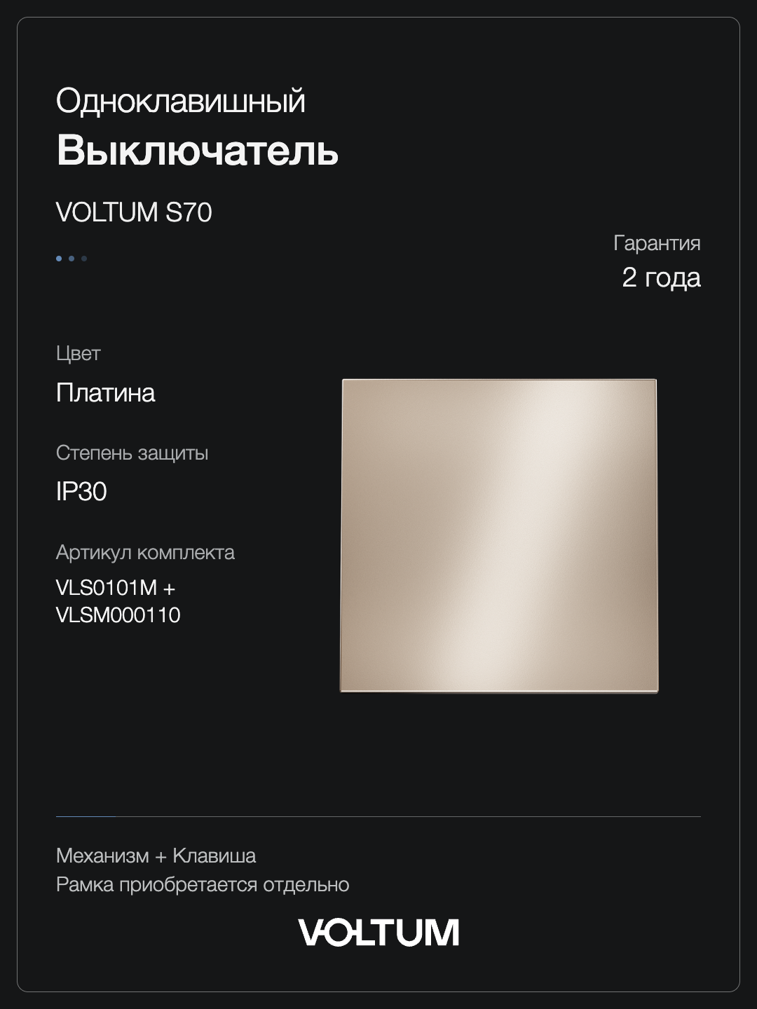 Выключатель встраиваемый VOLTUM S70 Metal одноклавишный 10А, (платина) + накладка, без рамки фото