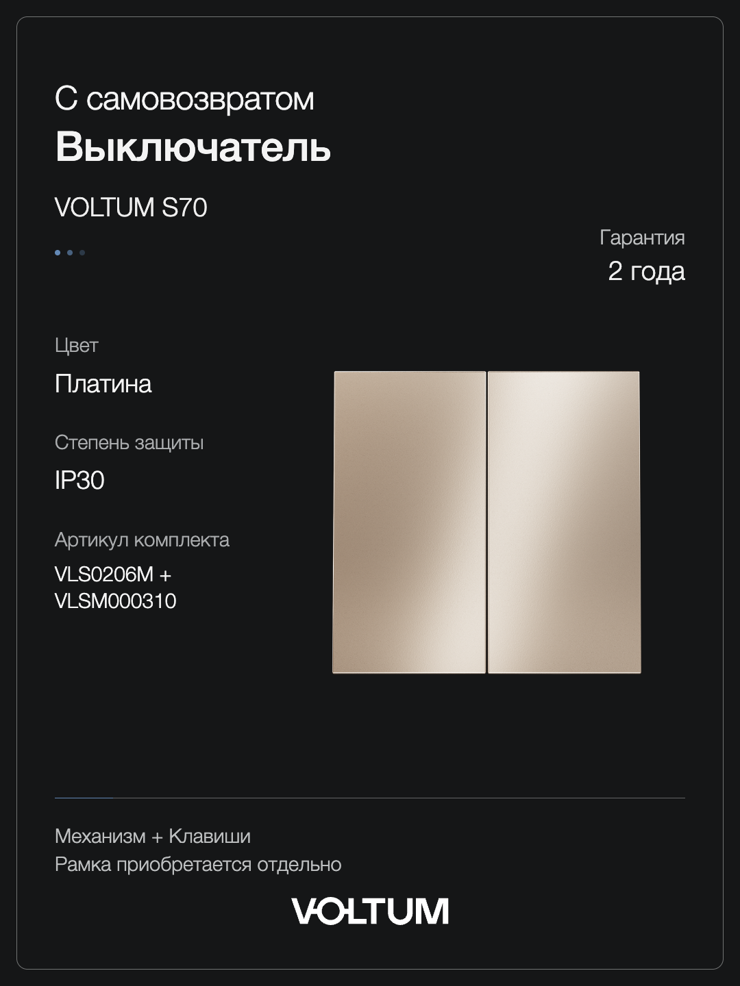 Выключатель с самовозвратом встраиваемый VOLTUM S70 Metal двухклавишный 10А, (платина) + накладка, без рамки фото